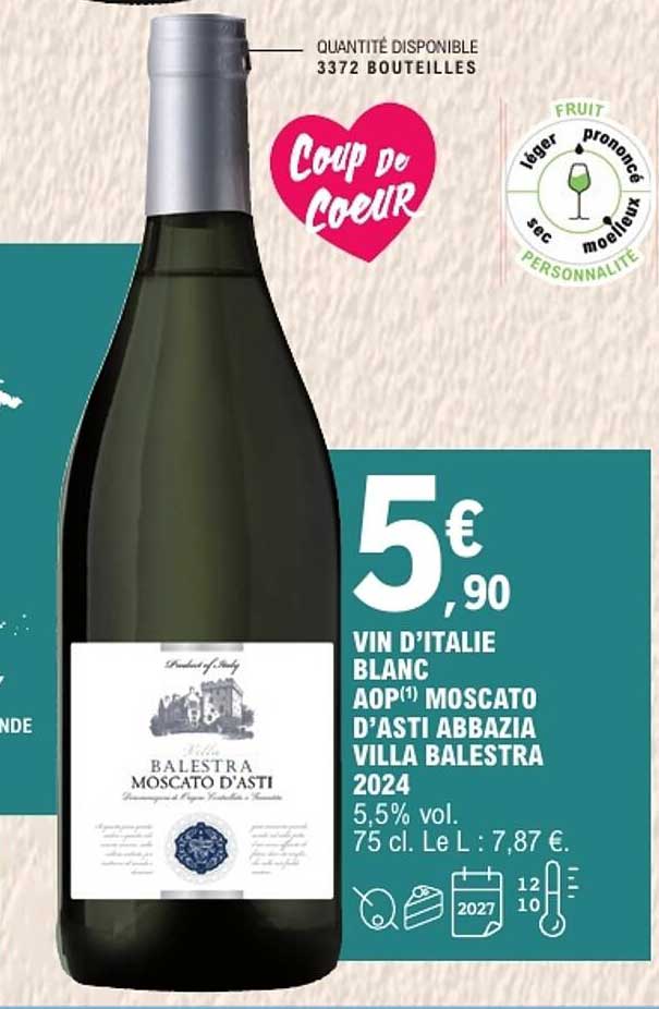 VIN D’ITALIE BLANC AOP(1) MOSCATO D’ASTI ABBAZIA VILLA BALESTRA 2024