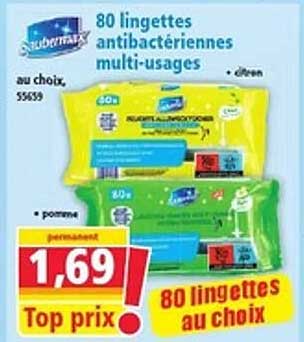 80 lingettes antibactériennes multi-usages au choix