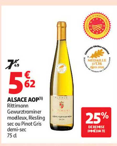 ALSACE AOP(1) Rittmann Gewurztraminer moelleux, Riesling sec ou Pinot Gris demi-sec 75 cl