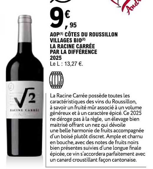 AOP CÔTES DU ROUSSILLON VILLAGES BIO LA RACINE CARRÉE PAR LA DIFFÉRENCE 2025