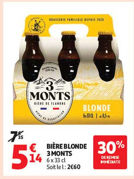 BIÈRE BLONDE 3 MONTTS 6 x 33 cl Soit le l : 2€60