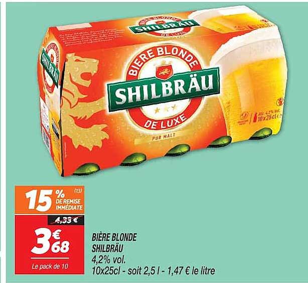 BIÈRE BLONDE SHILBRÄU 4,2% vol. 10x25cl - soit 2,5 l - 1,47 € le litre