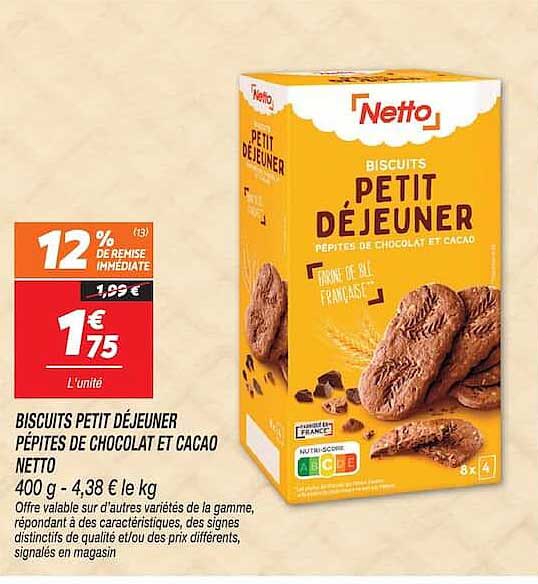 BISCUITS PETIT DÉJEUNER PÉPITES DE CHOCOLAT ET CACAO NETTO 400 g