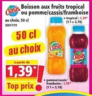 Boisson aux fruits tropical ou pomme/cassis/framboise