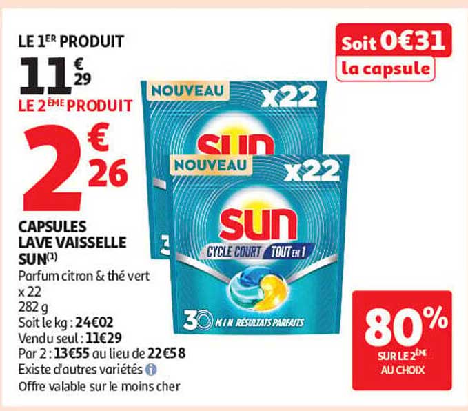 Capsules lave vaisselle Sun - Parfum citron & thé vert x22