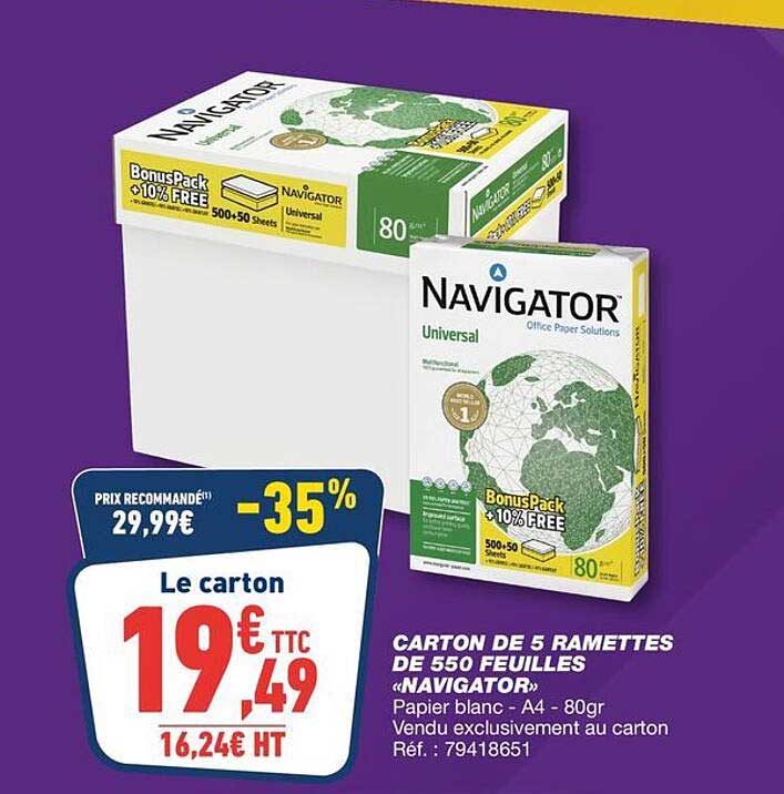 CARTON DE 5 RAMETTES DE 550 FEUILLES «NAVIGATOR»