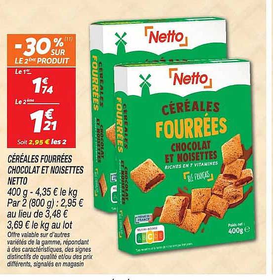 CÉRÉALES FOURRÉES CHOCOLAT ET NOISETTES NETTO