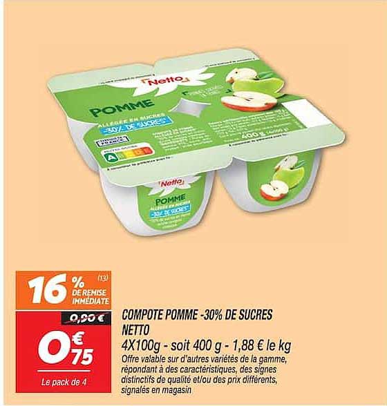 COMPOTE POMME -30% DE SUCRES NETTO 4X100g - soit 400 g - 1,88 € le kg