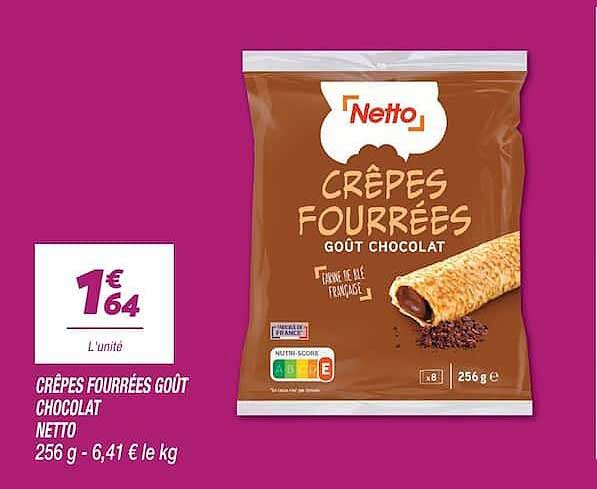 CRÊPES FOURRÉES GOÛT CHOCOLAT NETTO 256 g - 6,41 € le kg