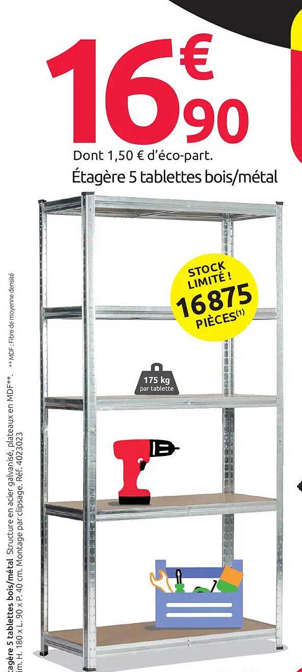 Étagère 5 tablettes bois/métal