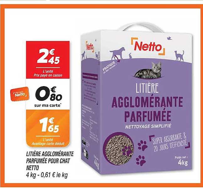 LITIÈRE AGGLOMÉRANTE PARFUMÉE POUR CHAT NETTO 4 kg - 0,61 € le kg