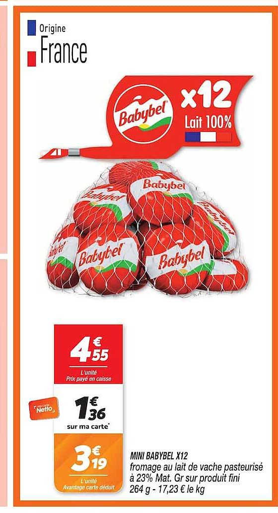 MINI BABYBEL X12 fromage au lait de vache pasteurisé à 23% Mat. Gr sur produit fini 264 g - 17,23 € le kg