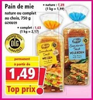 Pain de mie nature ou complet au choix, 750 g