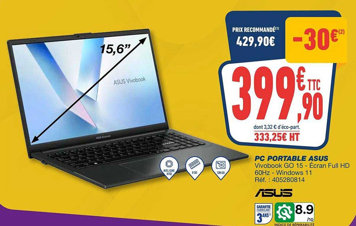 PC PORTABLE ASUS Vivobook GO 15 - Écran Full HD 60Hz - Windows 11 Réf. : 405280814