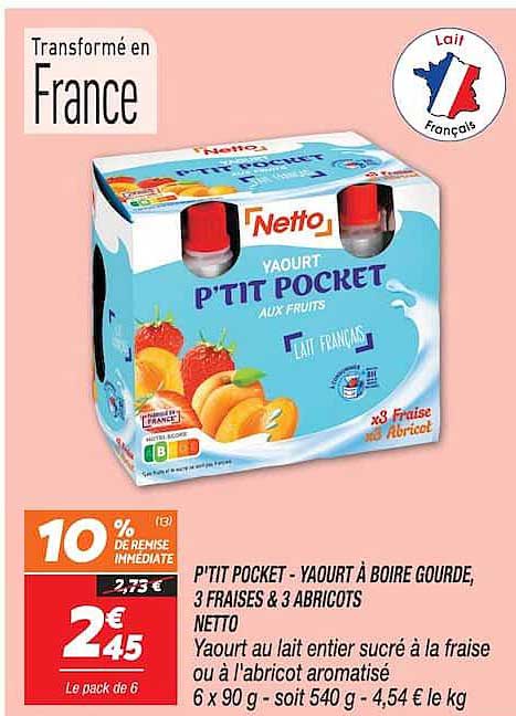 P'TIT POCKET - YAOURT A BOIRE GOURDE, 3 FRAISES & 3 ABRICOTS NETTO