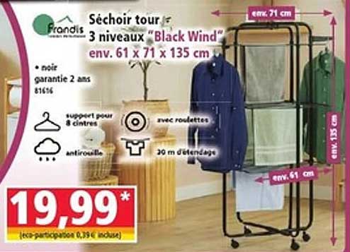 Séchoir tour 3 niveaux "Black Wind" env. 61 x 71 x 135 cm