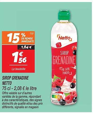SIROP GRENADINE NETTO 75 cl - 2,08 € le litre