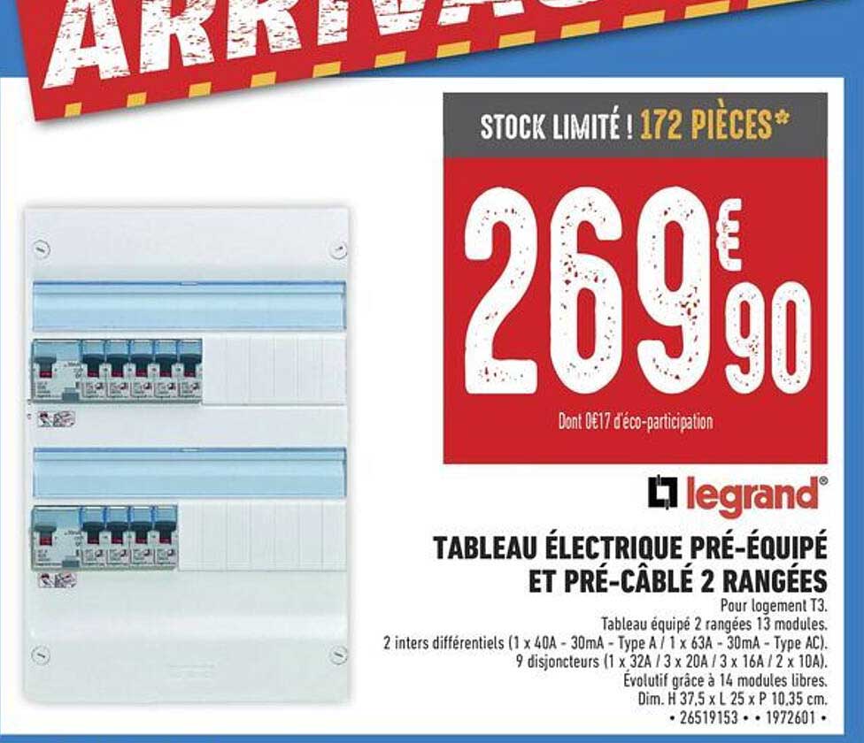 TABLEAU ÉLECTRIQUE PRÉ-ÉQUIPÉ ET PRÉ-CÂBLÉ 2 RANGÉES