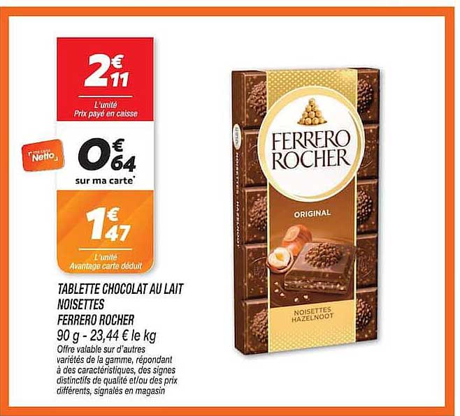 TABLETTE CHOCOLAT AU LAIT NOISETTES FERRERO ROCHER