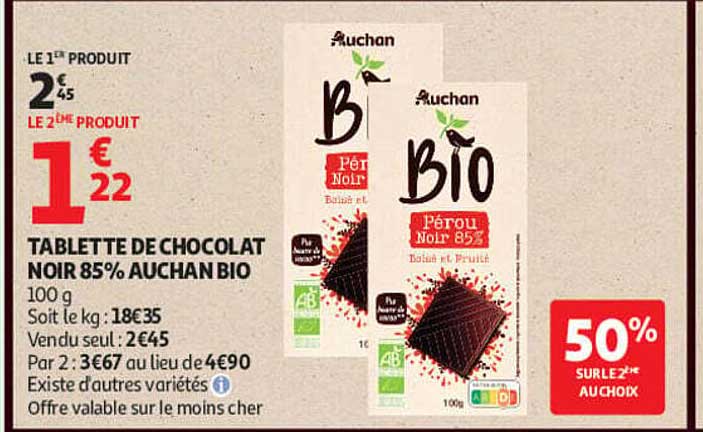TABLETTE DE CHOCOLAT NOIR 85% AUCHAN BIO