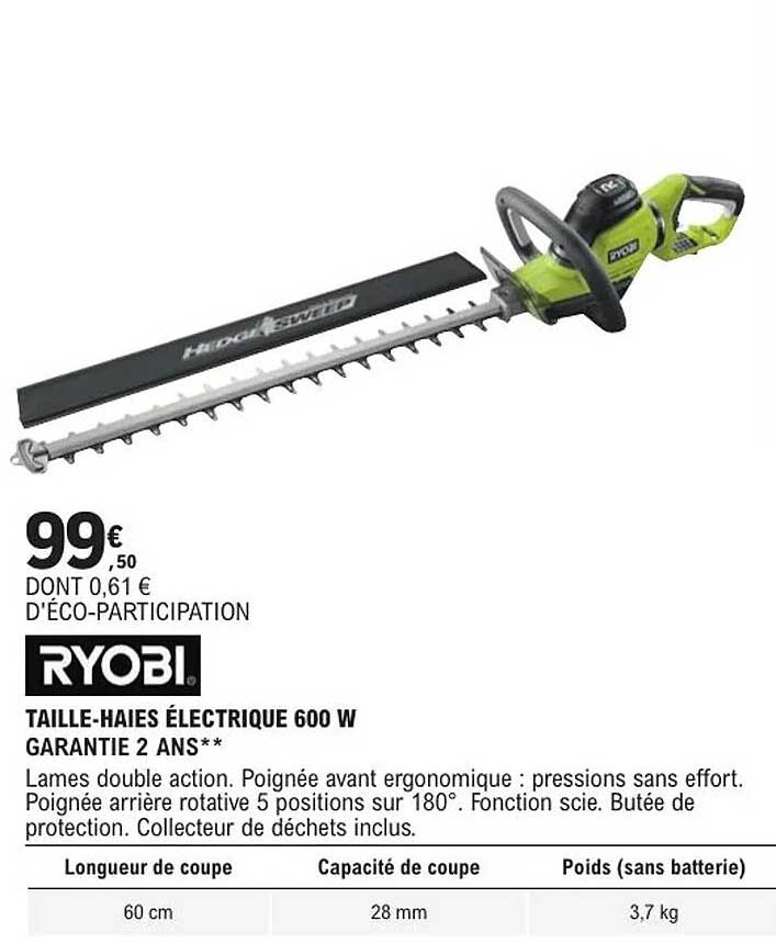 RYOBI TAILLE-HAIES ÉLECTRIQUE 600 W GARANTIE 2 ANS**