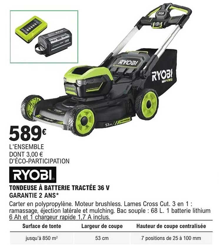 RYOBI TONDEUSE À BATTERIE TRACTÉE 36 V