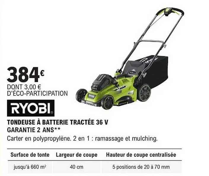 RYOBI TONDEUSE À BATTERIE TRACTÉE 36 V