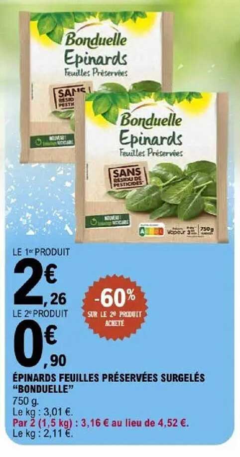 ÉPINARDS FEUILLES PRÉSERVÉES SURGELÉS "BONDUELLE"