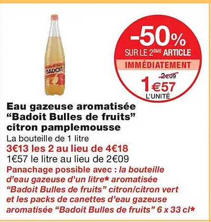 Eau gazeuse aromatisée "Badoit Bulles de fruits" citron pamplemousse