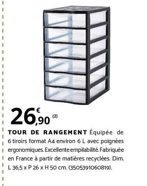 TOUR DE RANGEMENT Équipée de 6 tiroirs format A4 environ 6 L avec poignées ergonomiques. Excellente empilabilité. Fabriquée en France à partir de matières recyclées. Dim. L 36,5 x P 26 x H 50 cm. (3505391060819)