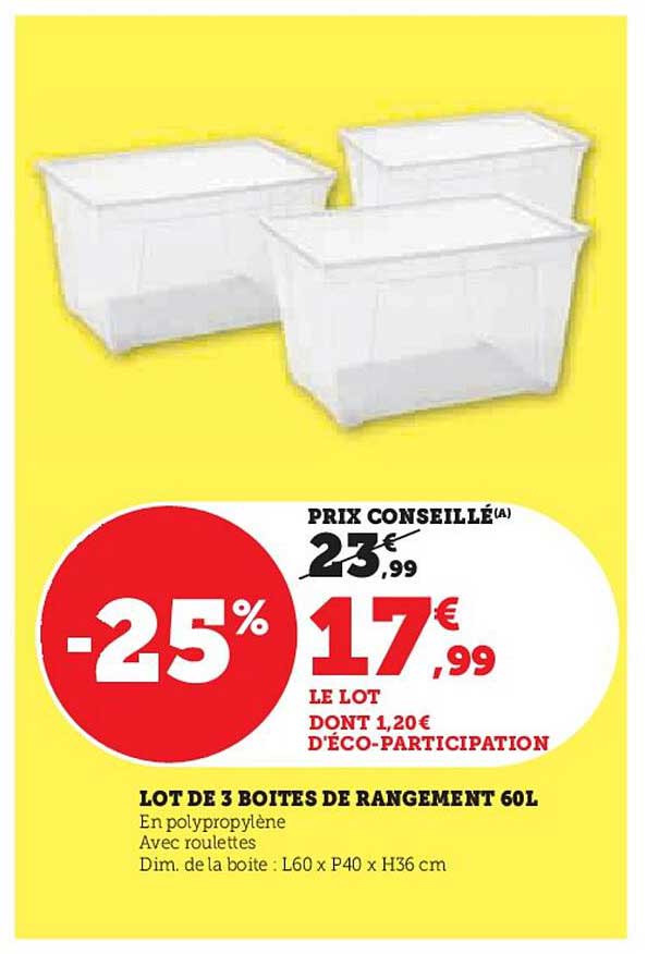LOT DE 3 BOITES DE RANGEMENT 60L