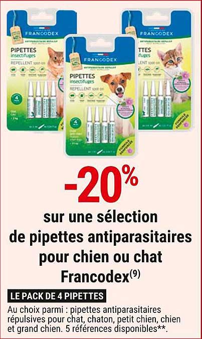 -20% sur une sélection de pipettes antiparasitaires pour chien ou chat Francodex
