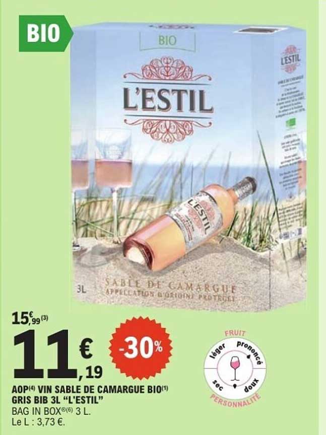 AOP(4) VIN SABLE DE CAMARGUE BIO(1) GRIS BIB 3L “L'ESTIL”