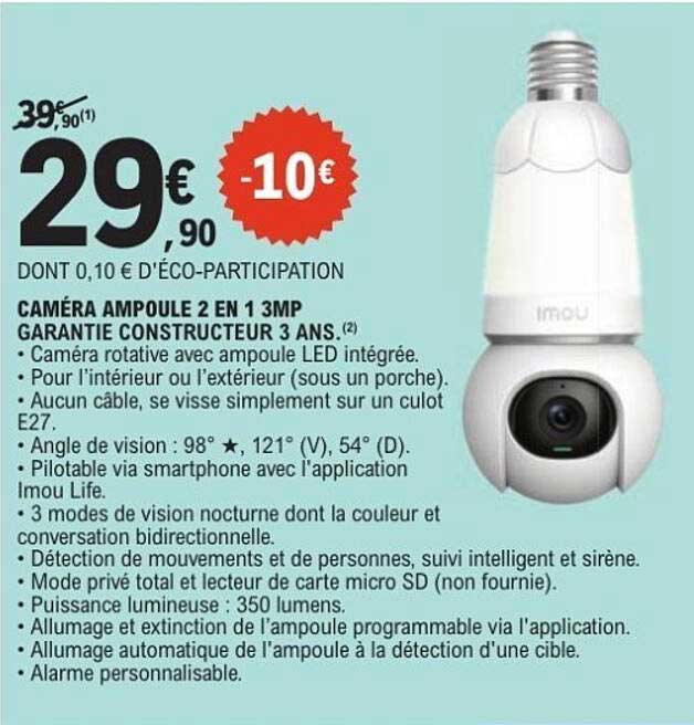 CAMÉRA AMPOULE 2 EN 1 3MP GARANTIE CONSTRUCTEUR 3 ANS.