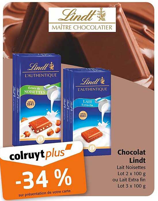 Chocolat Lindt Lait Noisettes Lot 2 x 100 g ou Lait Extra fin Lot 3 x 100 g