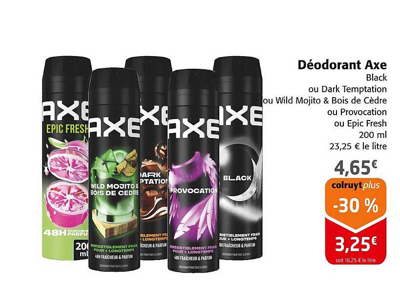 Déodorant Axe Black ou Dark Temptation ou Wild Mojito & Bois de Cèdre ou Provocation ou Epic Fresh 200 ml