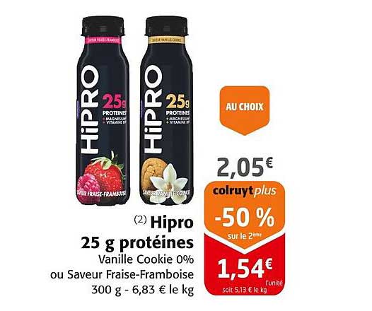 Hipro 25 g protéines Vanille Cookie 0% ou Saveur Fraise-Framboise