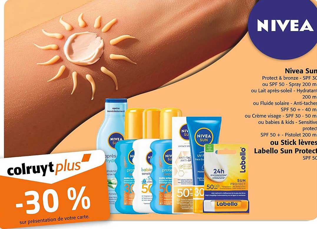 Nivea Sun Protect & bronze - SPF 30 % ou SPF 50 - Spray 200 ml ou Lait après-soleil - Hydratant 200 ml ou Fluide solaire - Anti-taches SPF 50 + 40 ml ou Crème visage - SPF 30 - 50 ml ou babies & kids - Sensitive protect SPF 50 + Pistolet 200 ml ou Stick l