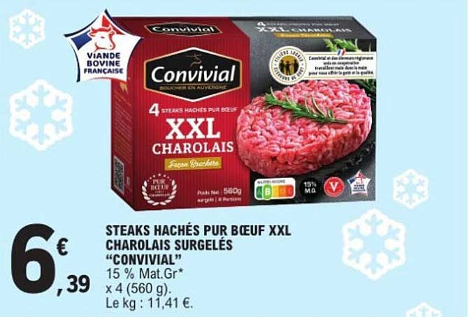 STEAKS HACHÉS PUR BŒUF XXL CHAROLAIS SURGELÉS “CONVIVIAL”