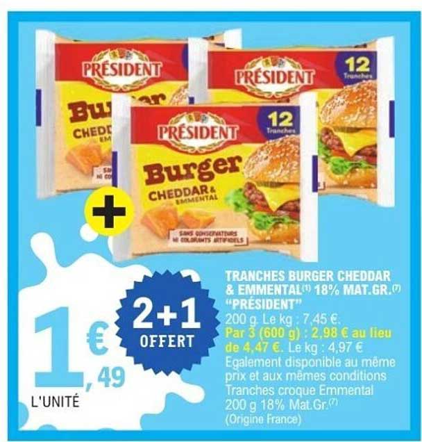 TRANCHES BURGER CHEDDAR & EMMENTAL 18% MAT.GR. "PRÉSIDENT"