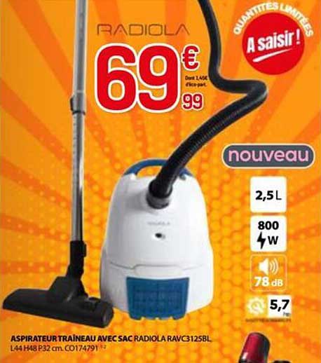 ASPIRATEUR TRAINEAU AVEC SAC RADIOLA RAVC1325BL
