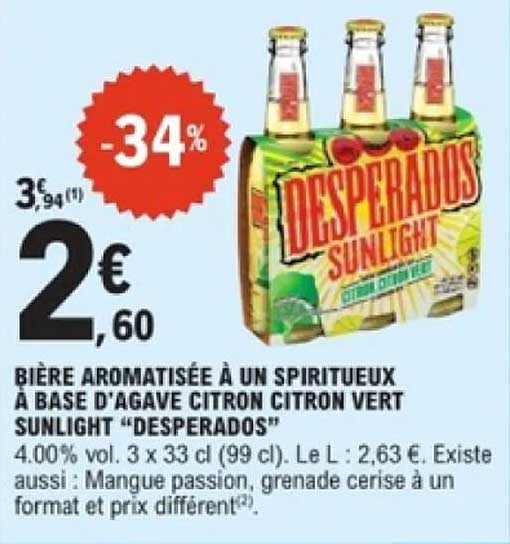 BIÈRE AROMATISÉE À UN SPIRITUEUX À BASE D'AGAVE CITRON CITRON VERT SUNLIGHT "DESPERADOS"