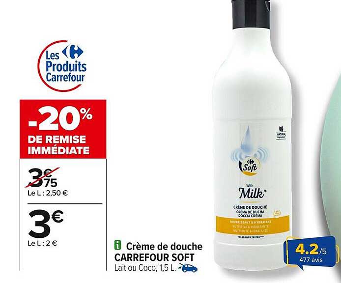 Crème de douche CARREFOUR SOFT Lait ou Coco, 1,5 L