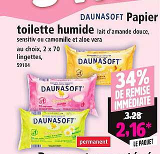 DAUNASOFT Papier toilette humide lait d’amande douce, sensitiv ou camomille et aloe vera