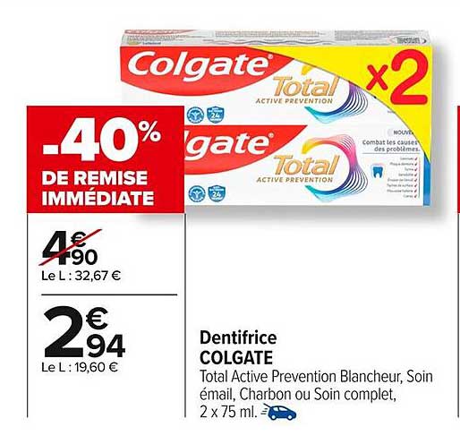 Dentifrice COLGATE Total Active Prevention Blanchisseur, Soin émail, Charbon ou Soin complet, 2 x 75 ml.