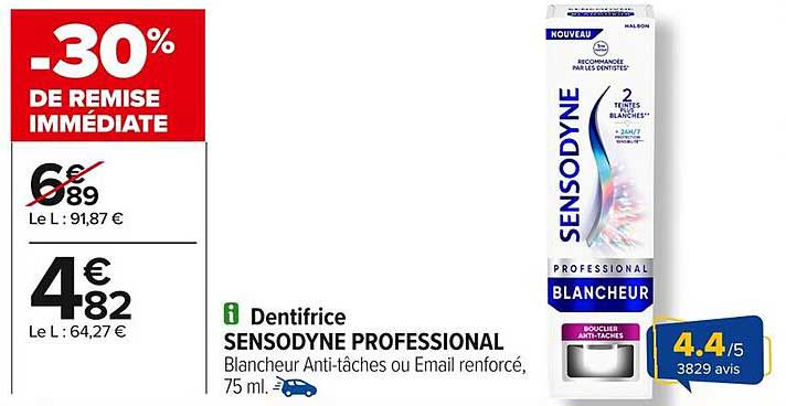 Dentifrice SENSODYNE PROFESSIONAL Blancheur Anti-taches ou Email renforcé, 75 ml.