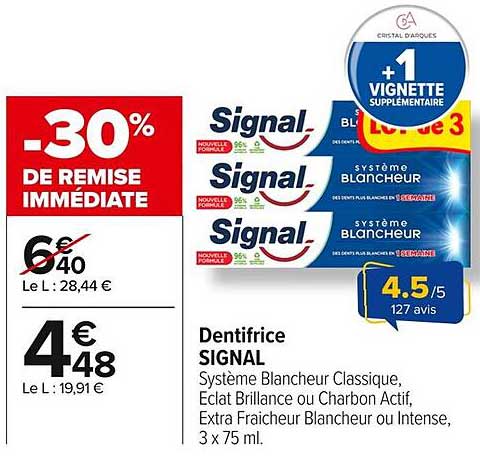 Dentifrice SIGNAL Système Blancheur Classique, Éclat Brillance ou Charbon Actif, Extra Fraîcheur Blancheur ou Intense, 3 x 75 ml