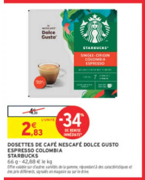 DOSSETTES DE CAFÉ NESCAFÉ DOLCE GUSTO ESPRESSO COLOMBIA STARBUCKS