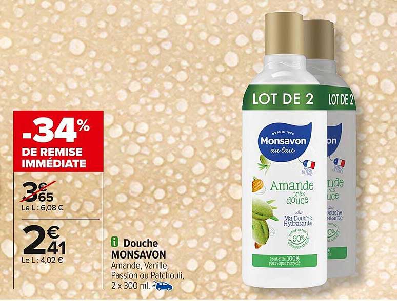 Douche MONSAVON Amande très douce, Lot de 2