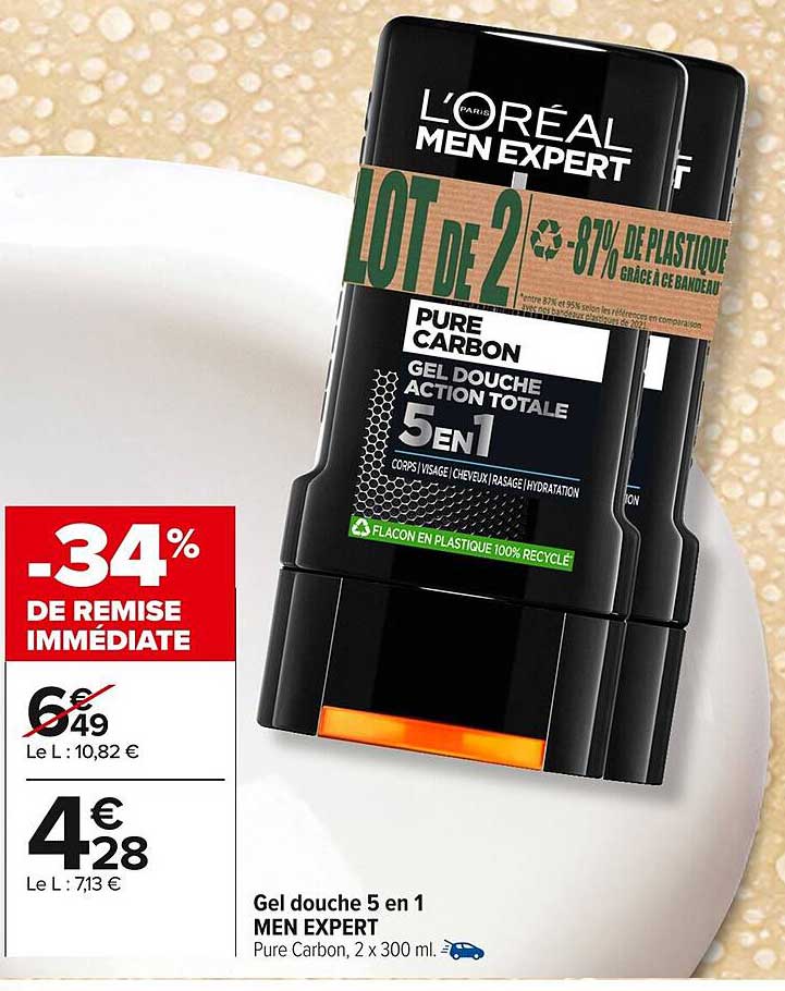 Gel douche 5 en 1 MEN EXPERT Pure Carbon, 2 x 300 ml
